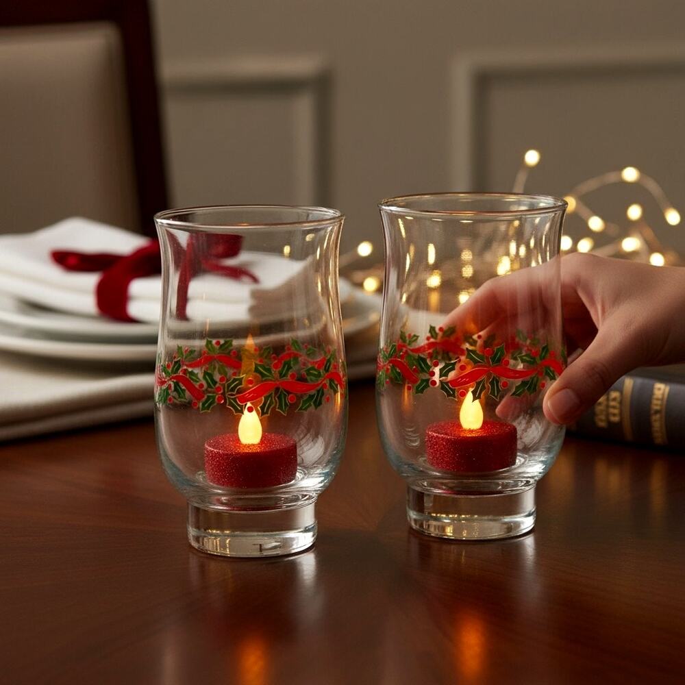 2 Vintage Libbey Holly Ribbon Christmas Glasses Tumblers Votive Candle